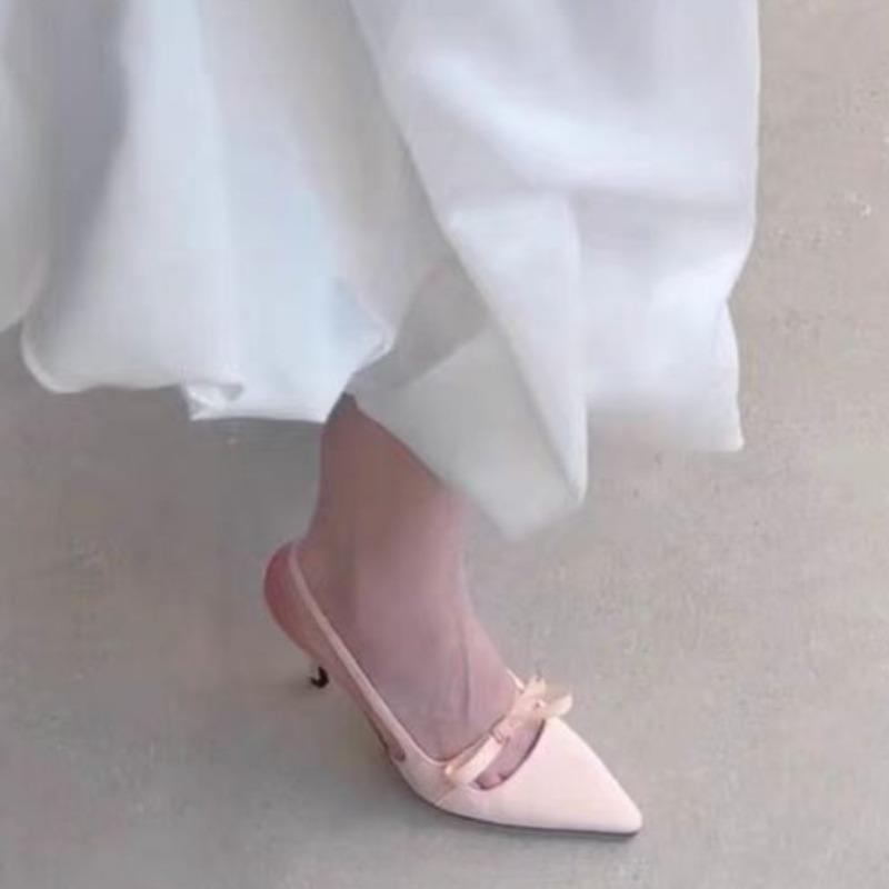 Модные Женские Модные Баотоу Высокие Каблуки Весна Новый Заостренный Носок Мелкий Бант Накладные Устойчивые к Износу Темперамент Тонкий Каблук Сандалии