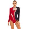 Womens Color Block Patchwork Leotard Sparkling Rhinestone Sheer Mesh Long Sleeve Bodysuit for Gymnastics Acrobatics Dance