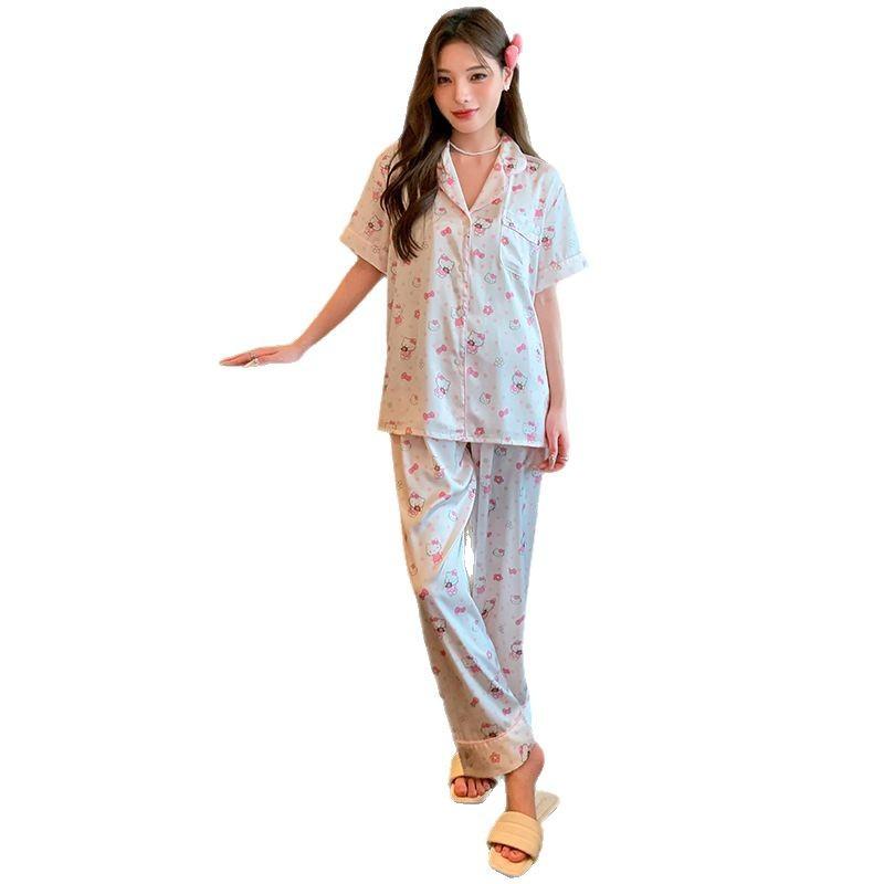 1011 new ice silk women's pajamas short-sleeved trousers thin cartoon polka dot sweet wind loungewear can be worn outside