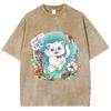 Cartoon Cute Kitten Print Women's T-Shirt Y2K Oversized Crew Neck Short Sleeve Wash Unisex  Fairy Style Top