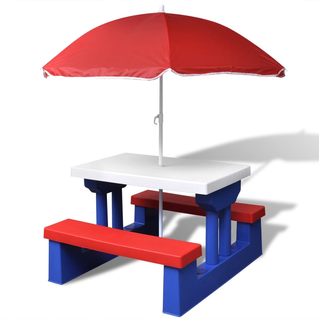 Kids Picnic Table with Benches & Sun Umbrella Multicolored