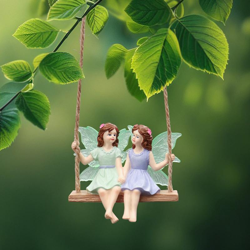 Resin Fairy On A Swing Statue Hanging Garden Flower Pendant Decor for Outdoor Patio Yard Balcony Art Sculpture