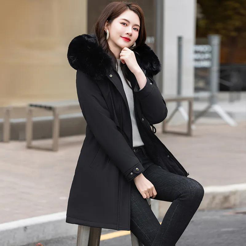 WTEMPO Winter Thickened Plush Parkas Women Large Size Casual Loose Hooded Cotton Coats Solid Color Mid-length Cold-proof Windproof Jackets