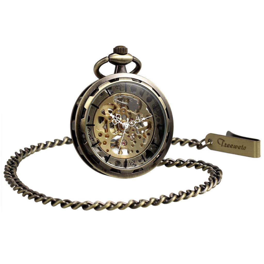 TREEWETO Старинные механические карманные часы-скелетон с цепочкой и ручным заводом для мужчин (бронза)