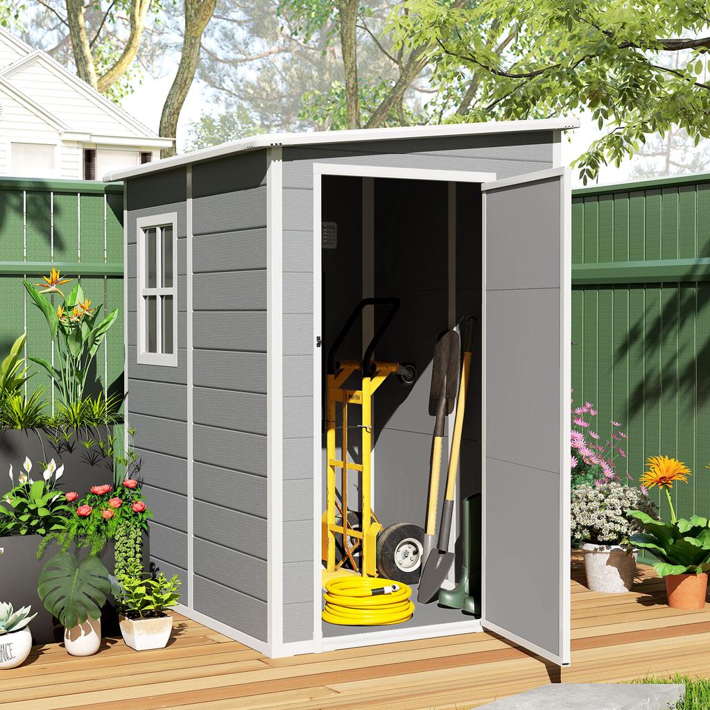 4'x5' Garden Storage Shed, Lean to Shed, Lockable Garden Shed with Window, Vent and Plastic Roof, Grey