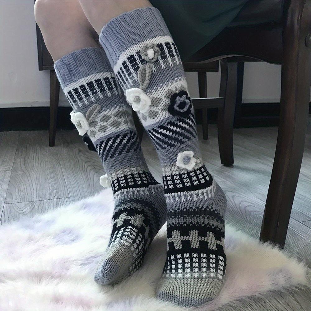 1 Pair Colorful Mid-Calf Women's Floor Sock Handmade Crochet Autumn Winter Long Hand-Crocheted Socks Keep Out the Cold Stay Warm