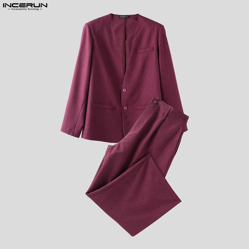 INCERUN Мужские костюмы из двух частей: тонкий блейзер с длинным рукавом, длинные прямые брюки, свободные комплекты