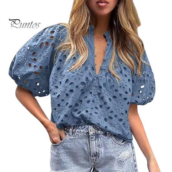 Женская рубашка с воротником-стойкой и V-образным вырезом, коротким рукавом, ажурным вышитым цветочным узором, кружевная блузка, повседневные нарядные топы