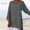 Plus Size Women Fashion Solid Color O-Neck Long Sleeve Irregular Pure Colot Tunic Top T-Shirt