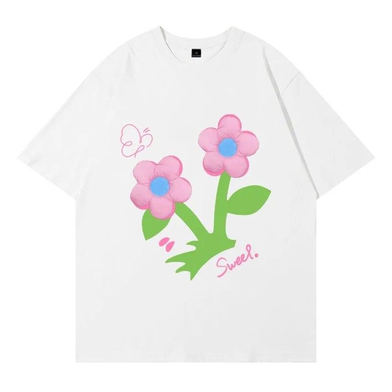 Летняя женская футболка с 3D цветочным дизайном, милая женская футболка с забавным принтом, свободная футболка с короткими рукавами и круглым вырезом
