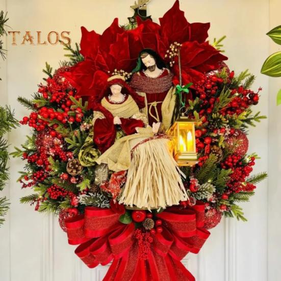 Венок Святого Семейства, рождественский венок с искусственными ягодами, шишкой, зимний религиозный венок на входную дверь с фигуркой Иисуса для дома