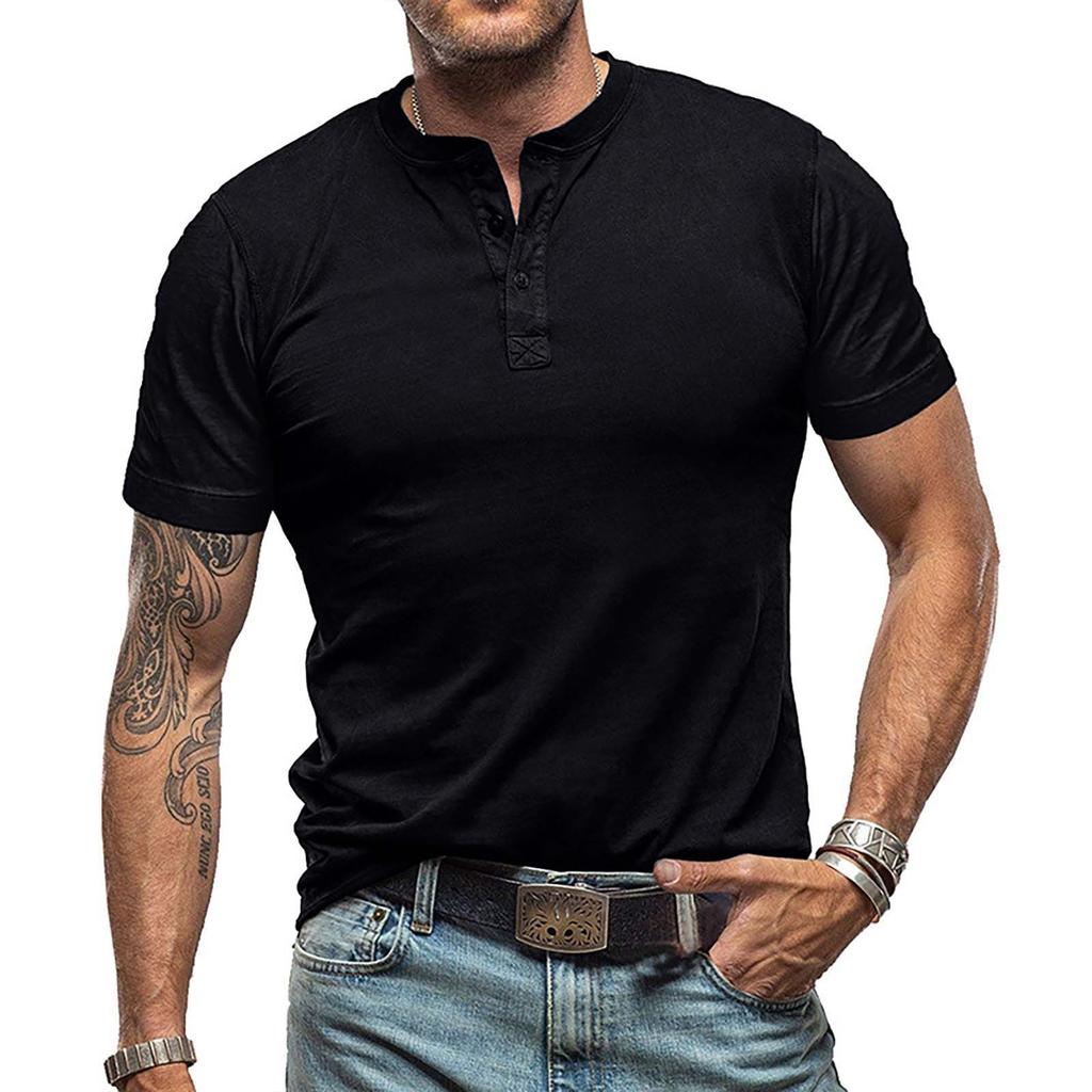 Summer European And American Men's Short Sleeved Men's Collarless T-shirt Solid Color Top