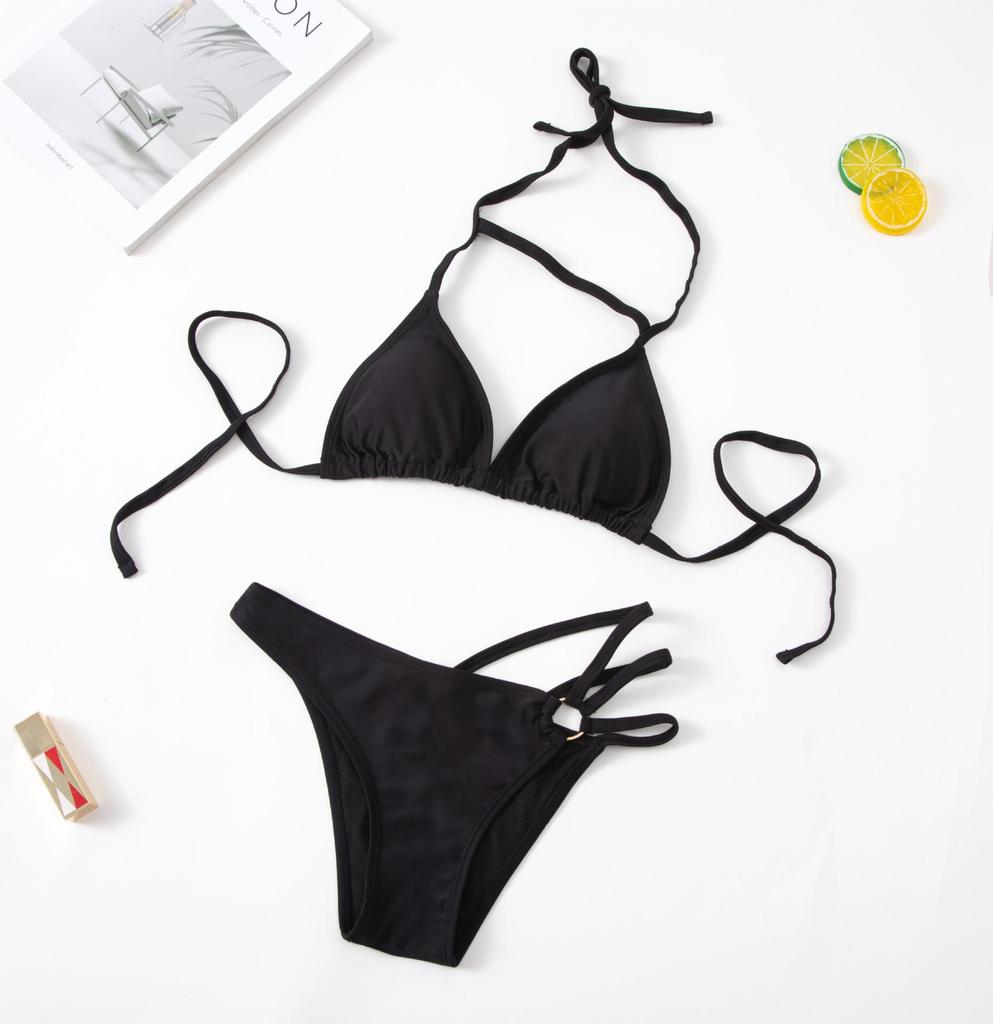 European-American Black Halter Tie-Front Cutout Bikini Swimsuit