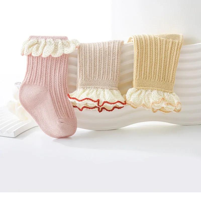Кружевные детские носки принцессы, носки средней длины для новорожденных, хлопковые милые детские аксессуары для девочек 0-5 лет