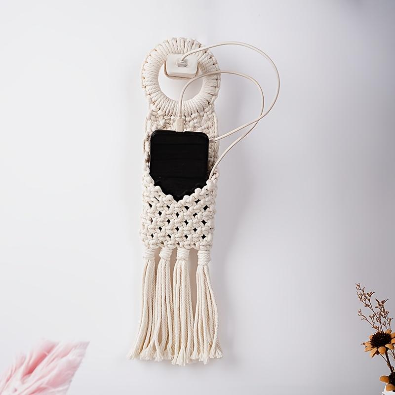 Bohemian Macrame Wall Hanging Handwoven Tassel Door Handle Decor Key & Phone Storage Pocket Transverse Orientation Woven Tapestry for Living Room