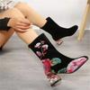 Women Flower Embroider Ankle Boots Winter Fashion Colorful Rhinestone Square Heels Zipper Motorcycle Short Boots Retro Shoes