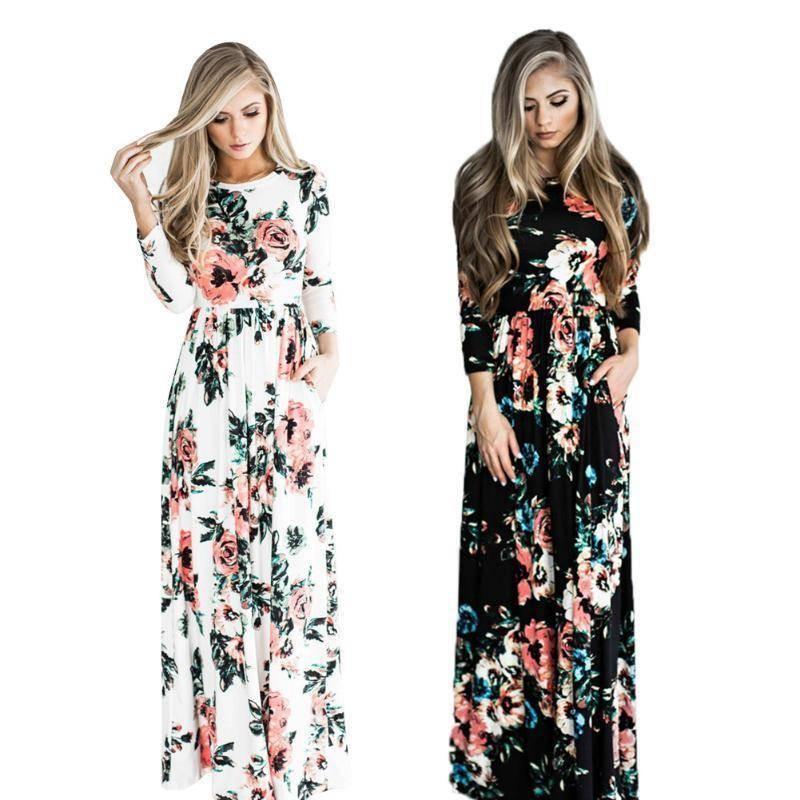 Elegant Summer Floral Print Long Sleeve Dress For Women In White Pink Green And Navy Blue