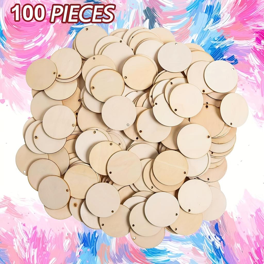 100pcs 2in Round Wooden Slices, Small Discs with Holes for DIY Art & Christmas Ornaments