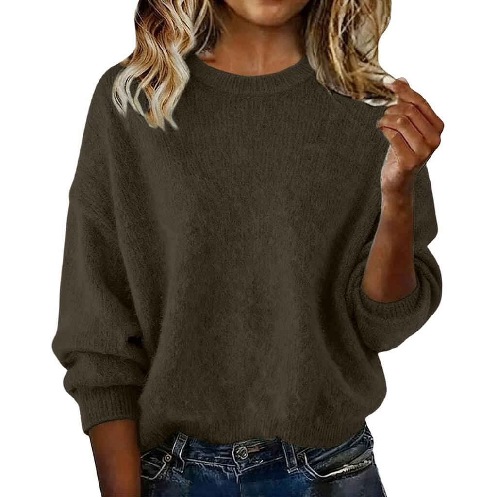 Women's Fashion Casual Loose Pullover Solid Color Round Neck Long Sleeve Knit Sweater