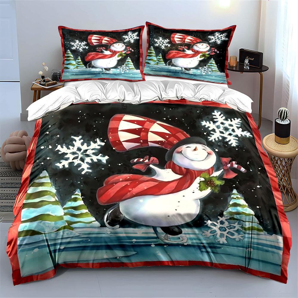 Snowman Ice Skating Scene Bedding Duvet Cover Set Duvet Cover Pillowcases (1*Duvet Cover 2*Pillowcases, without duvet insert)