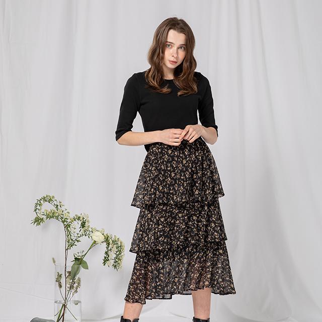 Raon Flower Cancan Midi Skirt (Bk)