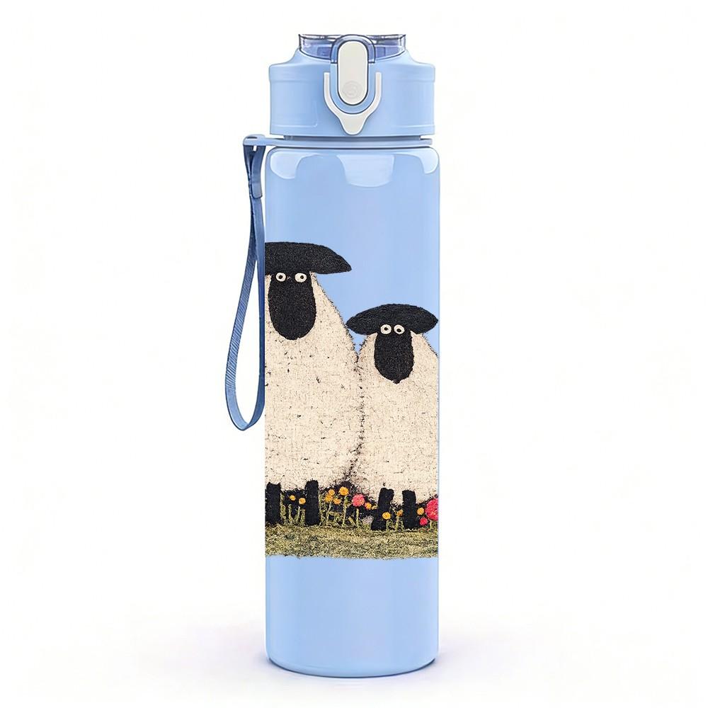1PC Cute Sheep Lamb Farm Animal Print 750ml Color Plastic Sports Water Bottle Leakproof Flip Straw Lid Suitable for Sports Office Home Use