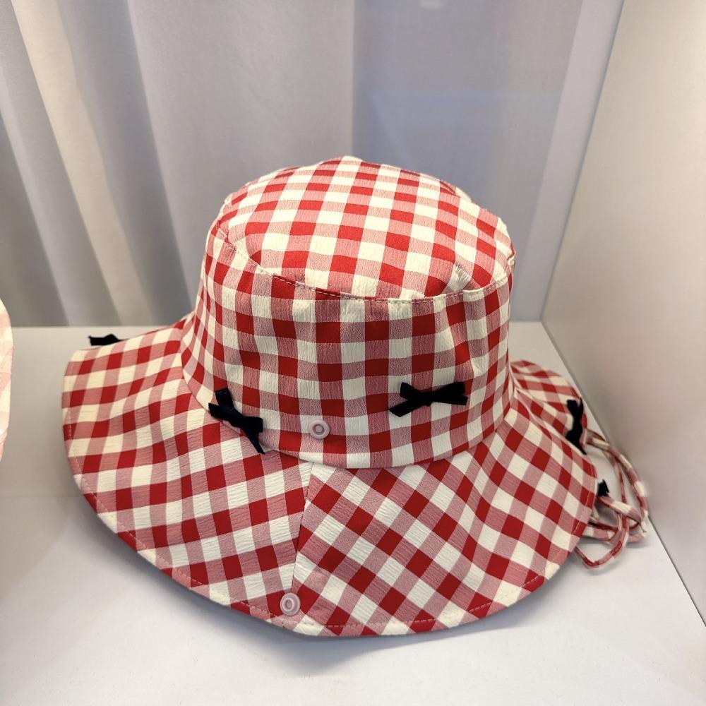 Small Lattice Drawstring Sun Hat Sun Protection Bow Bucket Hat Hiking Fisherman Hat Famale