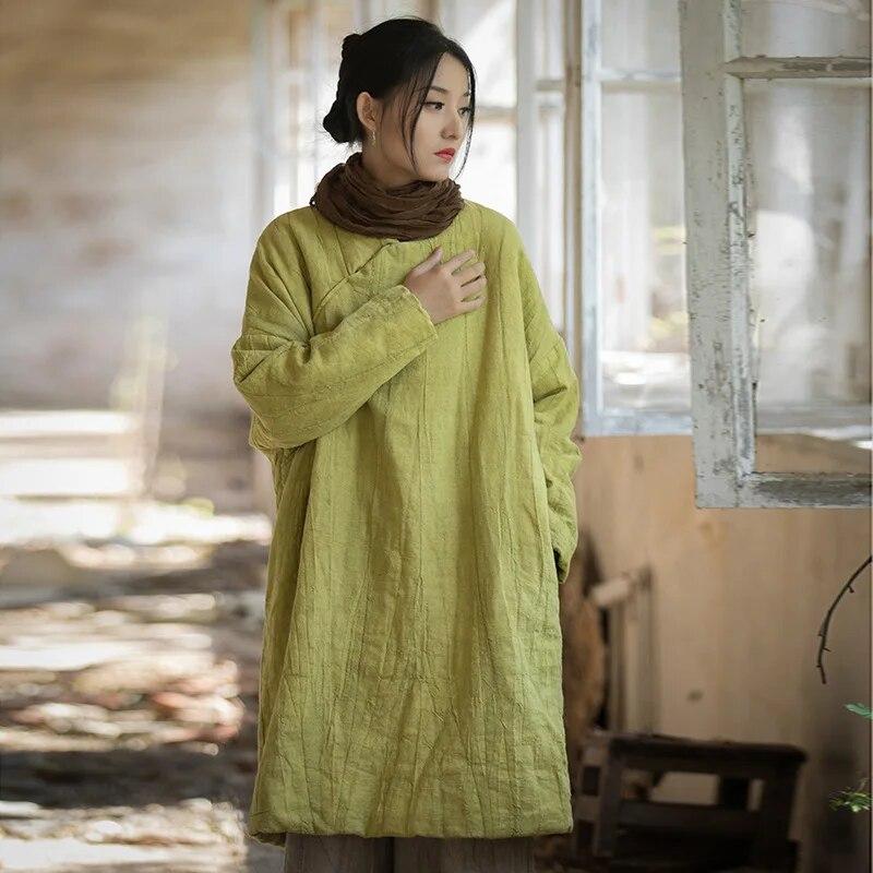 Johnature женские льняные пуловеры в китайском стиле, парки с круглым вырезом и длинными рукавами, теплые пальто, зимние плюс хлопковые однотонные парки