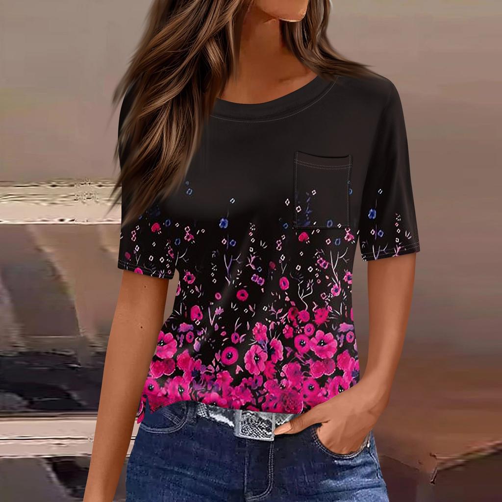 Футболки для женщин, плиссированные, с круглым вырезом, нарядные, повседневные, блузки с принтом, с коротким рукавом, летние топы, свободный крой