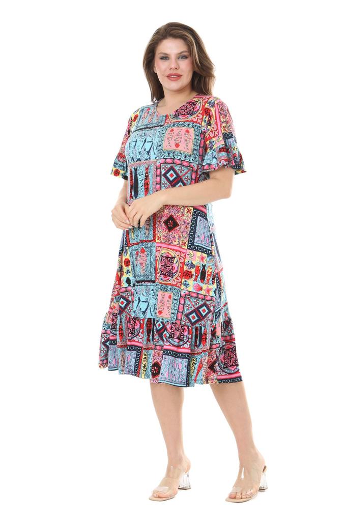 Женское платье большого размера с рюшами и карманами, с коротким рукавом, синее платье с узором в виде плитки