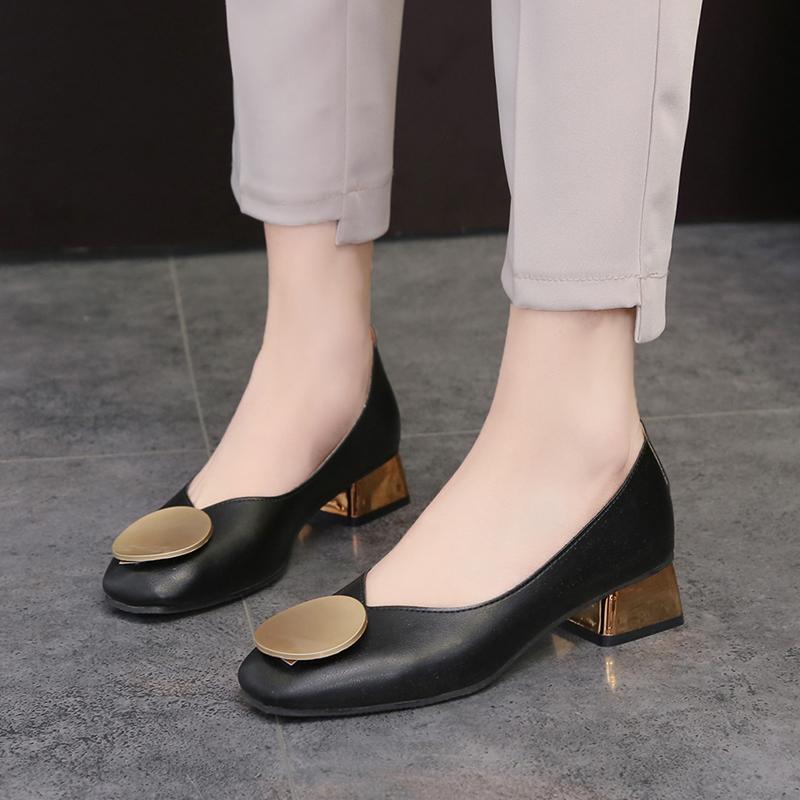 Fashion Plus Size 35-42 Women Dress Shoes Square Toe Medium Heels Pumps Gold Heels Shoes Woman Round Metal Boat Shoes Low Heels
