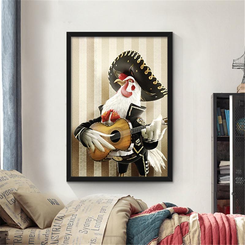 Скандинавская декоративная картина на холсте, мультяшные постеры, г-н. Свинья, крупный рогатый скот, петух и собака, играющая на гитаре для детской спальни