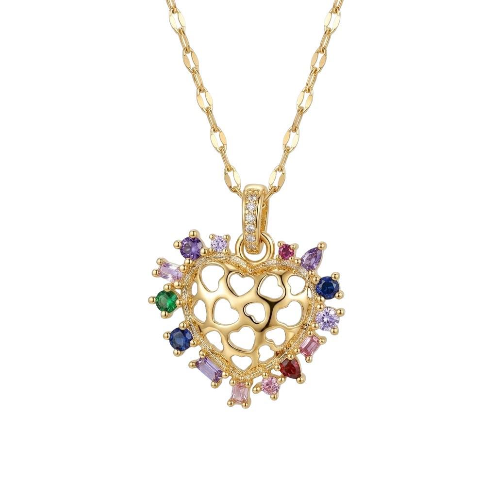 Women's Pink Heart Zircon Pendant Necklace, Japanese Korean Style, Titanium Steel Clavicle Chain