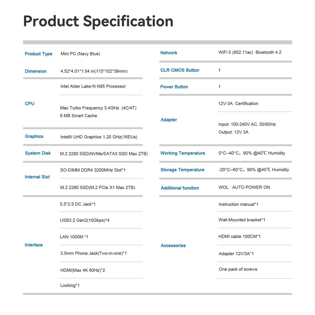 Мини-ПК Beelink S12 с процессором 12-го поколения N95, 8 ГБ DDR4, 256 ГБ SSD, WiFi, Bluetooth, двойной USB, автоматическое включение, (до 3,4 ГГц), + ПК, 5, 4.2,
