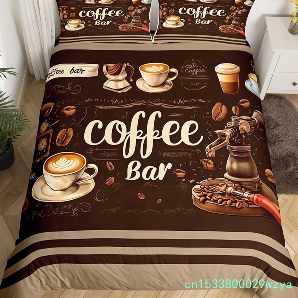 Пододеяльник с изображением кофейного напитка Queen King Cartoon Coffee Drink Cup Print Комплект постельного белья Coffee Lover Cover Modern Brown Quilt Cover