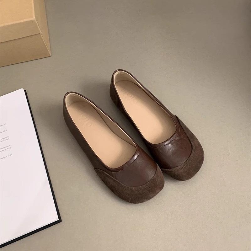 Retro Round Head Shallow Mouth Single Shoes Women's Spring and Autumn New Flat Bottom One Pedal Casual Beans Beautiful