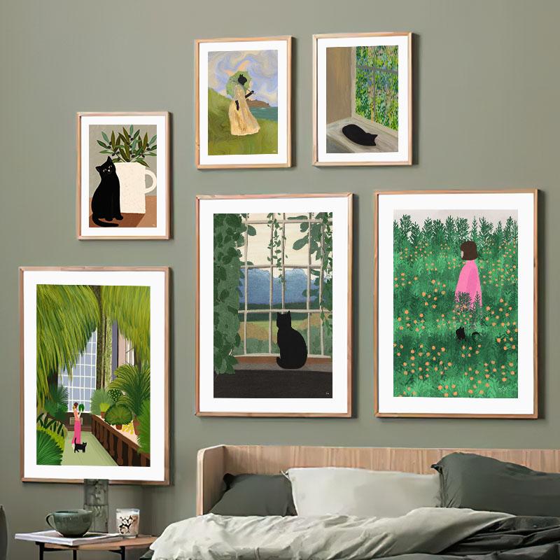 Бохо Абстрактная Девушка Садовые Цветы Кот Иллюстрация Настенное Искусство Холст Живопись Скандинавский Постер и Принты Картины Декор Гостиной