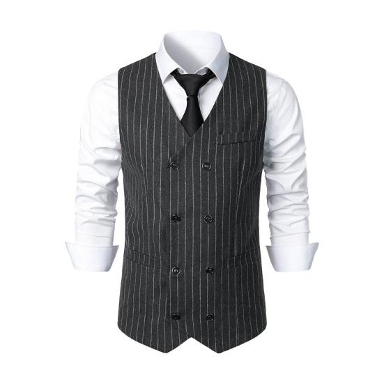 Men Suit Waistcoat V-Neck Sleeveless Striped Print Double Breasted Suit Vest with Patch Pockets Wedding Business Vest
