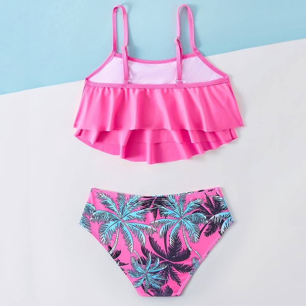 Girls  Floral Sleeveless Spaghetti Straps Adjustable Straps Swim Shorts Two-Piece Swimsuit Swimwear