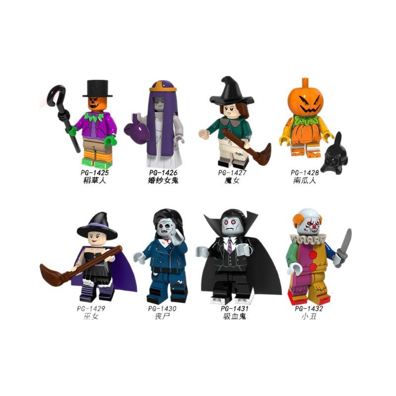 Halloween Pumpkin Zombie Building Blocks Figures Set of 8 Creative Assembly Holiday Gift Kids Educational Puzzle Model