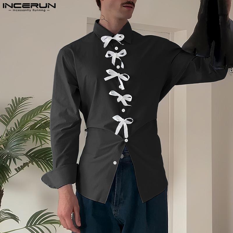 INCERUN Men Lapel Long Sleeve Front Bow Knot Back Twisted Casual Shirts