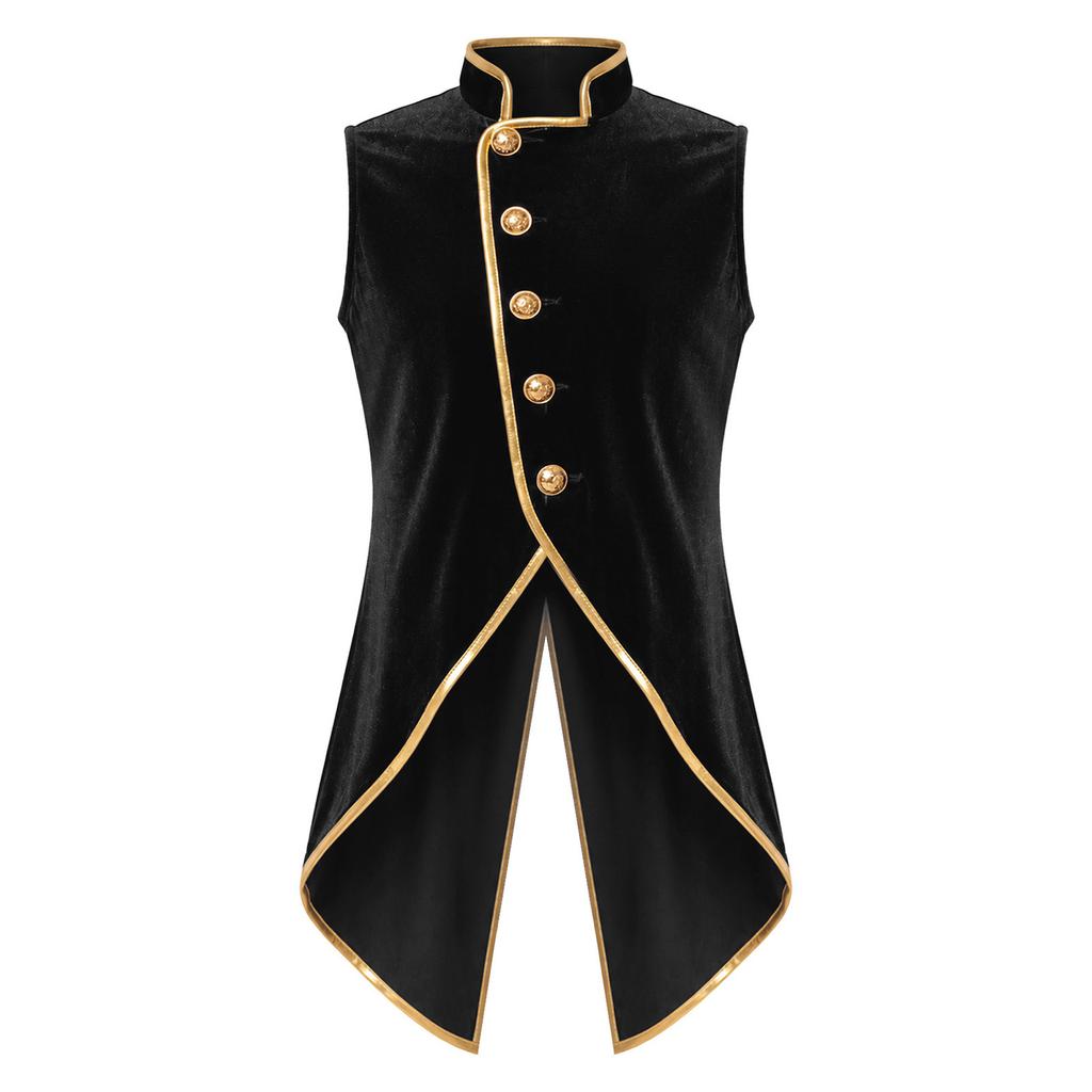 Boys Medieval Velvet Vest Stand Collar Back Split Metallic Trim Button Sleeveless Tailcoat
