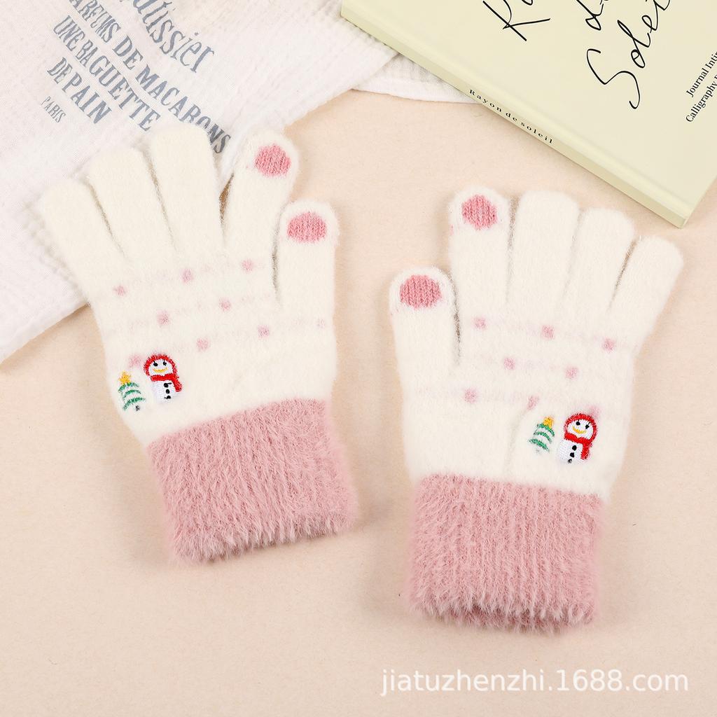 Korean Touchscreen Christmas Aesthetic Cute Snowman Embroidered Plush Gloves Women Winter Fleece Warm Gloves