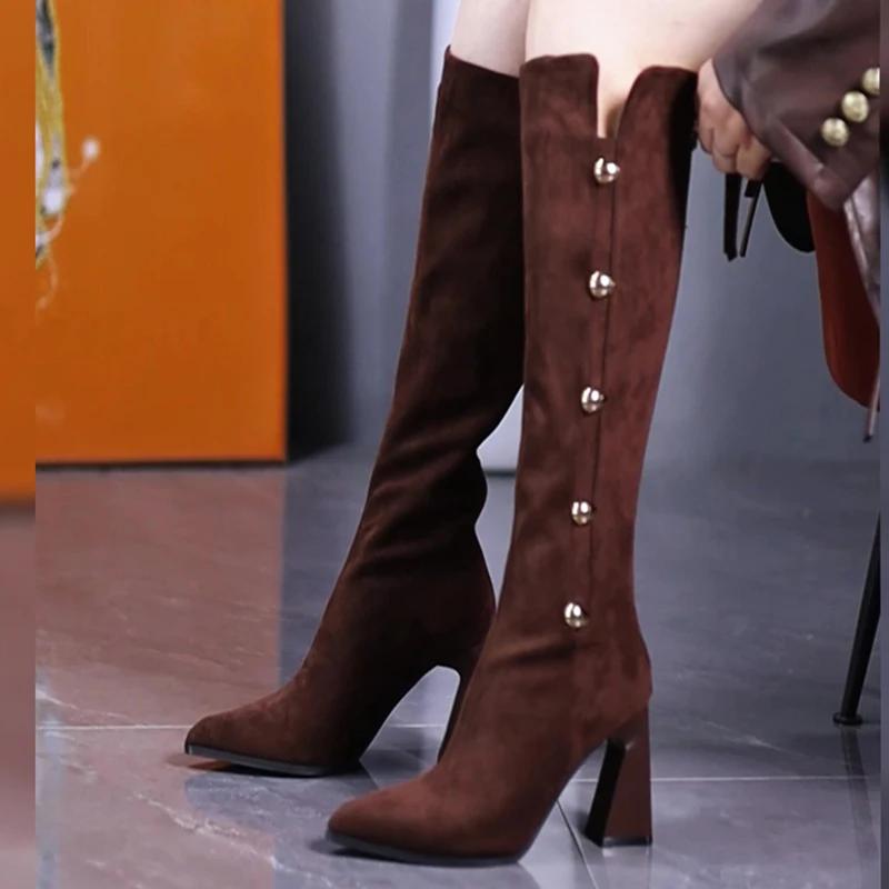 Винтажные зимние женские ботфорты до колена, модные туфли на высоком каблуке с острым носком, лаконичные длинные женские боты