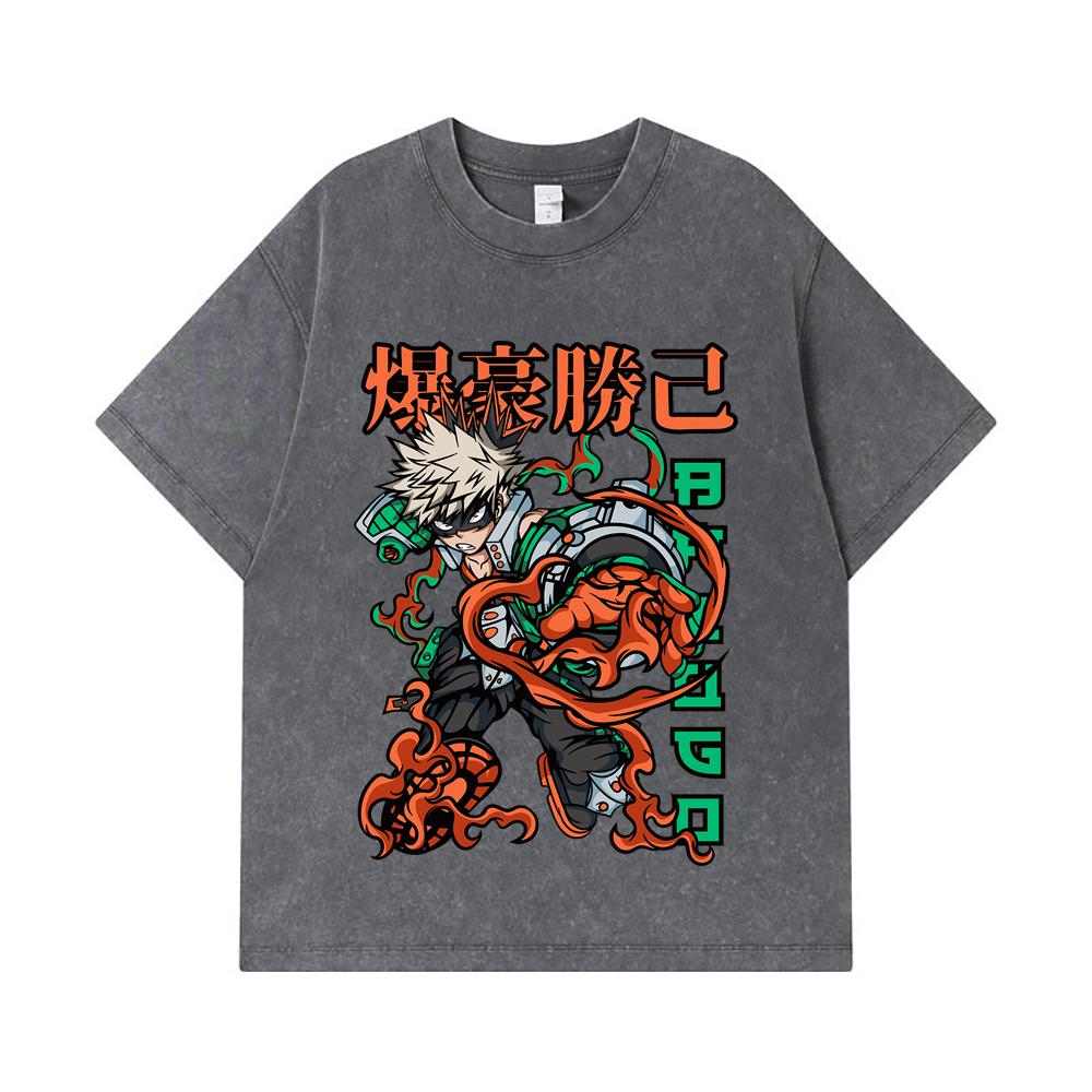 275 GSM Washed T-shirts 100% Cotton My Hero Academia V14 Bakugo Print Unisex Heavy Cotton T Shirt