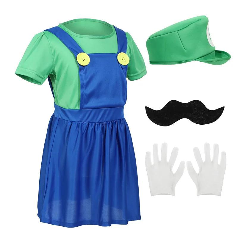 Girls Anime Cosplay Costume Game Character Dress with Hat Mustache Gloves Set Halloween Party Outfit Red Green
