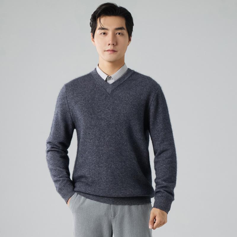 2025 новый утолщенный кашемировый свитер с V-образным вырезом классический простой теплый вязаный свитер однотонный шерстяной свитер