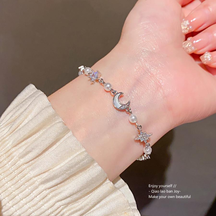 Натуральный браслет с цирконами в виде луны и звезд для женщин с мерцающими камнями и элегантным стилем