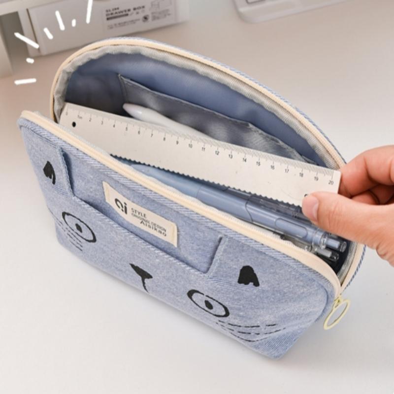 Милая сумка-пенал с изображением мультяшного кота Джинсовая сумка для канцелярских принадлежностей Студенческая сумка для хранения школьных принадлежностей Многофункциональный пенал