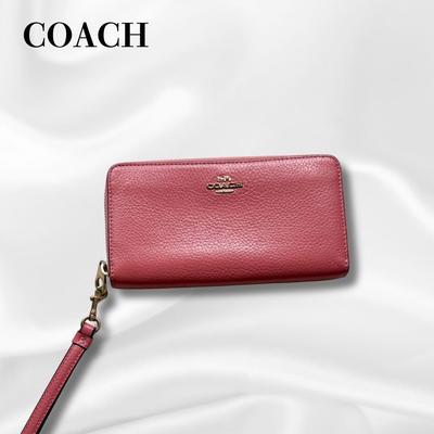 Used Coach Long Wallet Leather Pink With Strap